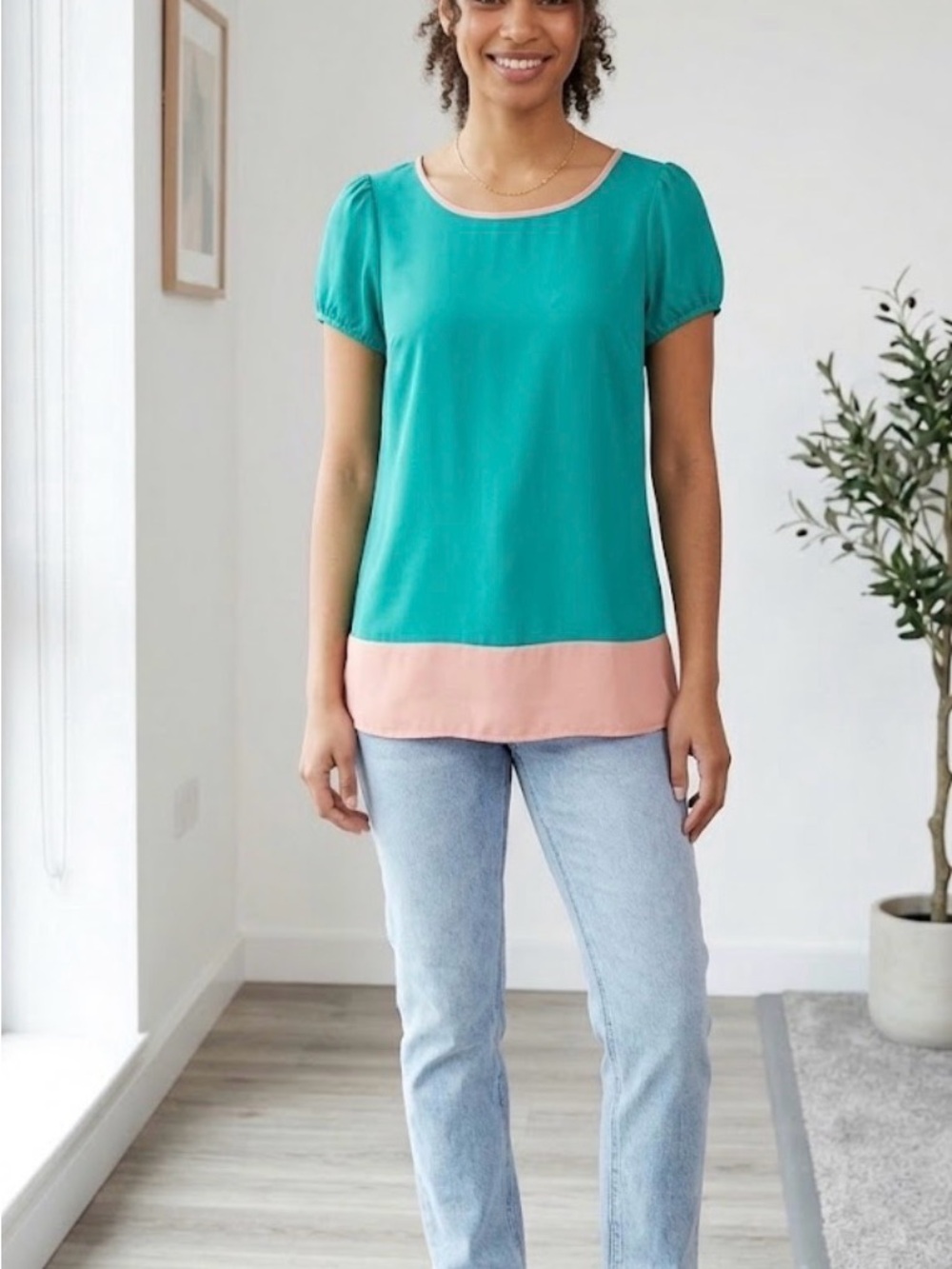 Rachel Kate Teal and Blush Short Sleeve Colorblock Blouse